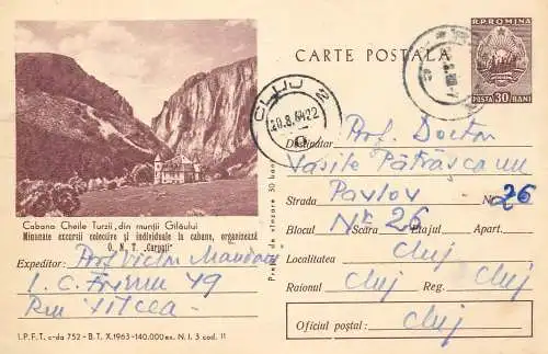 Romania postal stationery postcard Turda Canyon chalet Gilau mountains Carpathians 1964