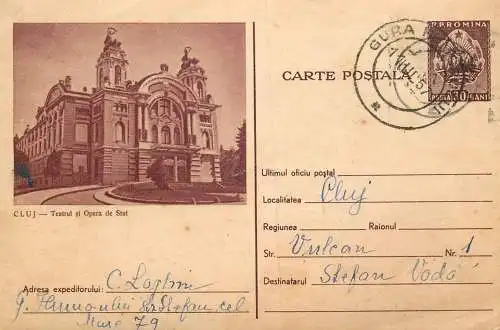 Romania postal stationery postcard Cluj Theatre and Opera