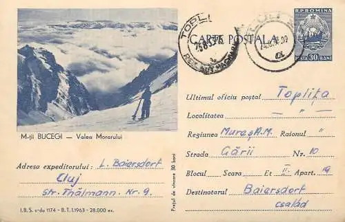 Romania postal stationery postcard Bucegi mountains Valea Morarului 1963 ski scene