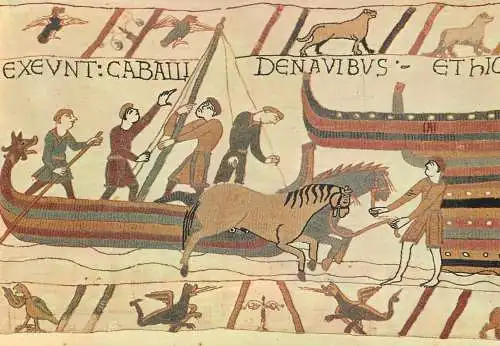 Postcard France tapisserie de Bayeux debarquement des chevaux 1982