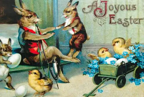 Easter greetings fantasy humanized rabbits modern repro postcard