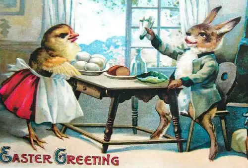 Fantaisie Paques lapin modern repro postcard