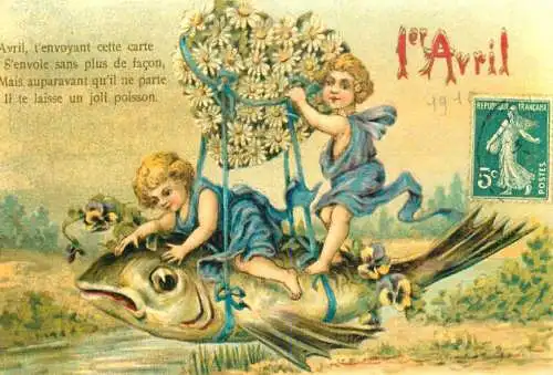 April Fool's Day greetings repro modern postcard poisson enfants fantaisie