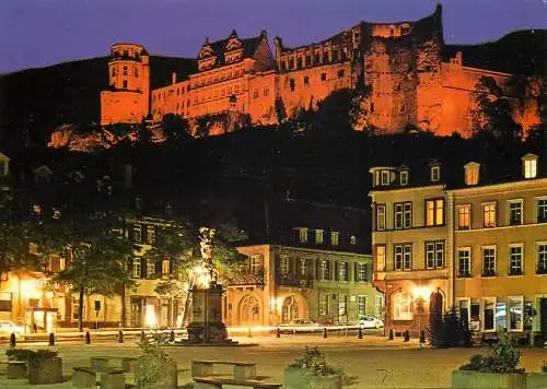 Postcard Germany Heidelberg Kornmarkt und Schloss bei Nacht