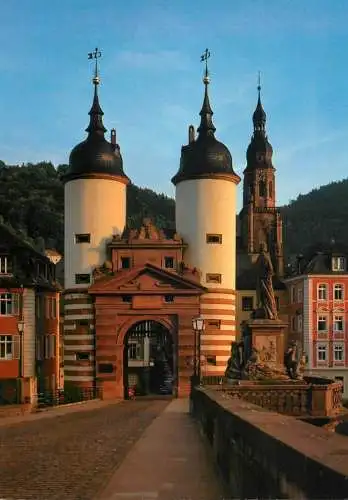 Postcard Germany Heidelberg bridge gate and monument to Charles Theodore