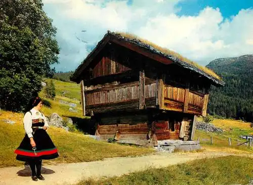 Postcard Norway woman in national costume and a storehouse on pillars in Setesdal 1971