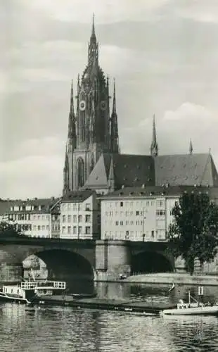Germany Hesse Frankfurt a. Main Dom & Brucke bridge cargo ship navigation