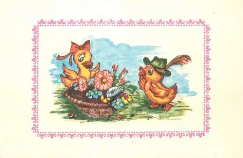 Postcard cartoon humanized animals chicken and flower basket