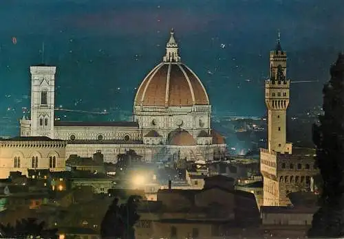 Postcard Italy Florence cathedral dome night scene