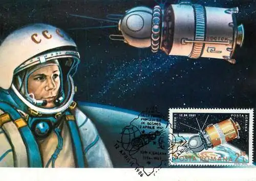 Space Postcard Romania Russia first cosmonaut Iuri Gagarin space station Vostok 1