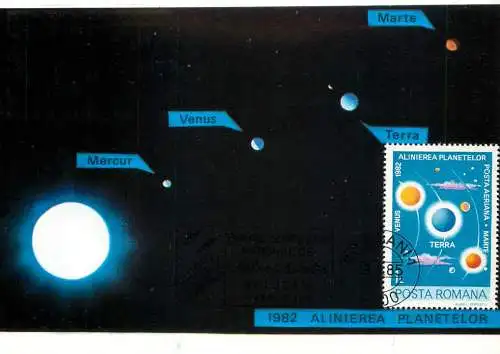 Postcard astronomy planets alignement Romania 1985