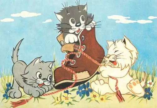 Postcard Romania humour cartoons cats and boot