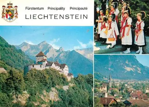 Postcard Liechtenstein Vaduz traditional costumes Vaduz castle