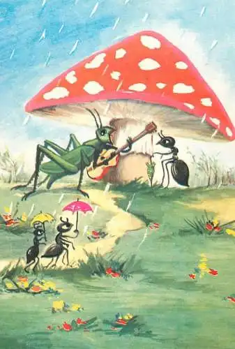 Postcard animals ant and cricket under mushroom