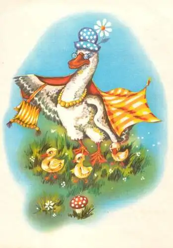 Postcard animal humanized bird and ducks