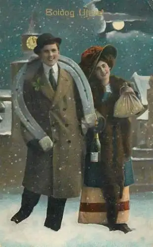Postcard holiday New Year elegant couple and horseshoe money bag Hungary