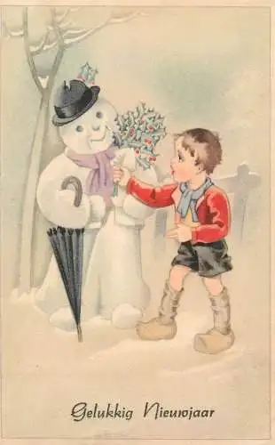 Postcard holiday New Year child and snowman Gelukkig Nieuwjaar
