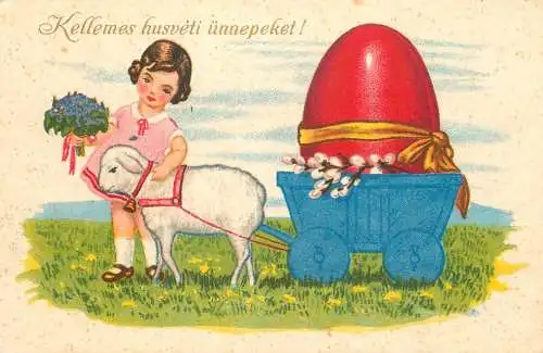 Postcard holiday Easter lamb drawn cart and huge egg Hungary