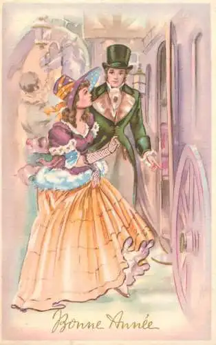 Postcard holiday New Year Bonne Annee elegant couple
