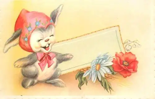 Postcard humanized animal rabbit and flowers