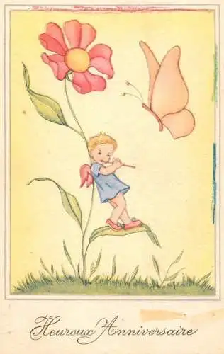Postcard Holiday heureux anniversaire child and flower flute