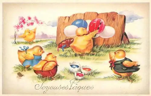 Postcard Holiday Easter Joyeauses Paques eggs and humanized chickens