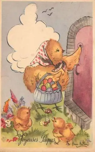 Postcard Holiday Easter Joyeauses Paques humanized chickens egg basket