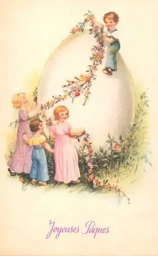 Postcard Holiday Easter Joyeauses Paques large egg and children