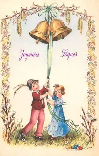 Postcard Holiday Easter scene and children toll a bell