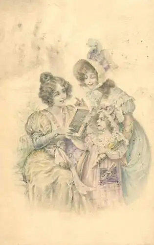 Postcard illustrations etch elegant women and child
