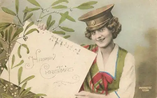 Postcard holiday Cristmas scene woman and uniform Patriotic