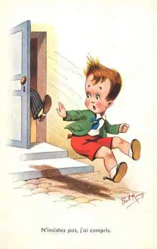 Postcard humour elegant child being kicked out Bob King