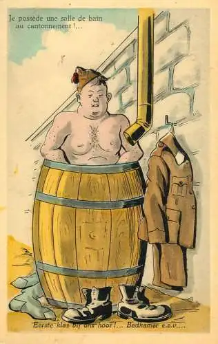 Postcard humour military soldier bathing in rainwater uniform