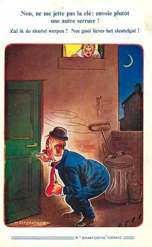 Postcard humour drunk man opening a door