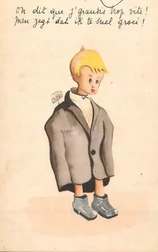 Postcard humour young child and oversized coat