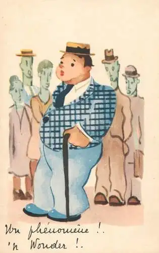 Postcard humour elegant man with cane and hat