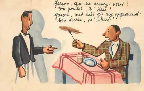 Postcard humour restaurant scene