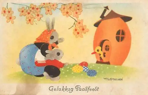 Postcard holiday Easter humanized rabbit and egg house