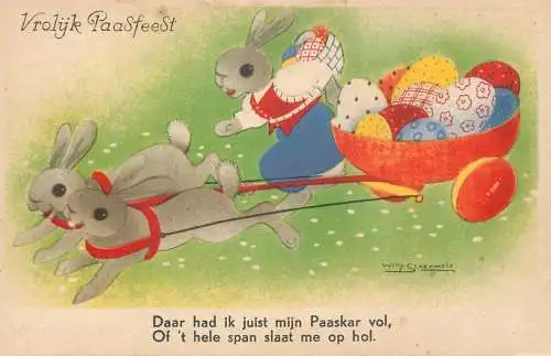 Postcard holiday Easter humanized rabbit and egg cart
