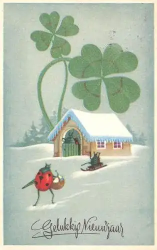 Postcard humanized luck ladybug shamrock and winter landscape