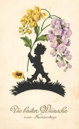 Postcard flower boy die bester Munsche zum Namenstage 1940 silhouette greetings