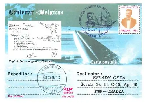 Belgica expedition centennial postal card Romania whales