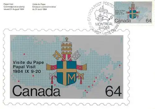 Postal services stationery postcard Papal visit in Canada 1984 Montreal papal seal