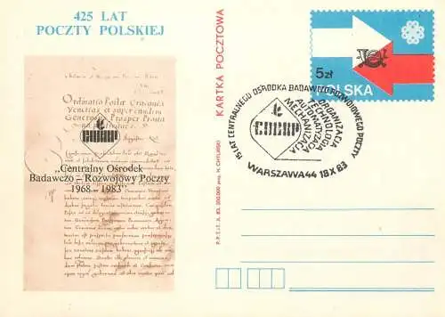 Postal services stationery postcard Poland Centralny Osrodek Badawczo Rozwojowy Poczty 1983
