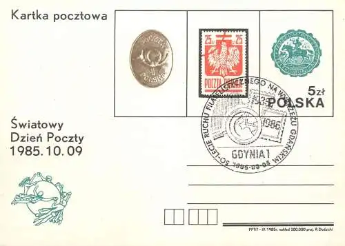 Postal services stationery postcard Poland Gdynia 1985 Swiatowy Dzien Poczty