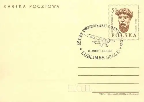Postal services stationery postcard Poland 1986 Lublin aeroplane