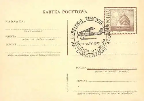 Postal services stationery postcard Poland 1972 aeroplane Swidnik Lubliana Samolotowe