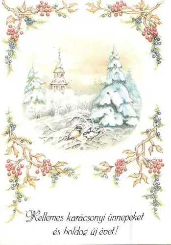 Holiday postcard Christmas winter landscape Hungary