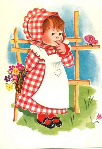 Postcard girl in garden with flowers painting