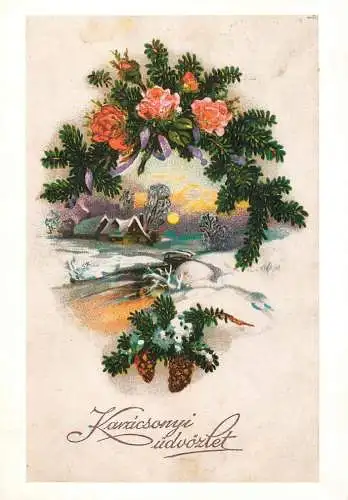 Postcard Hungary holiday Christmas scene and flowers